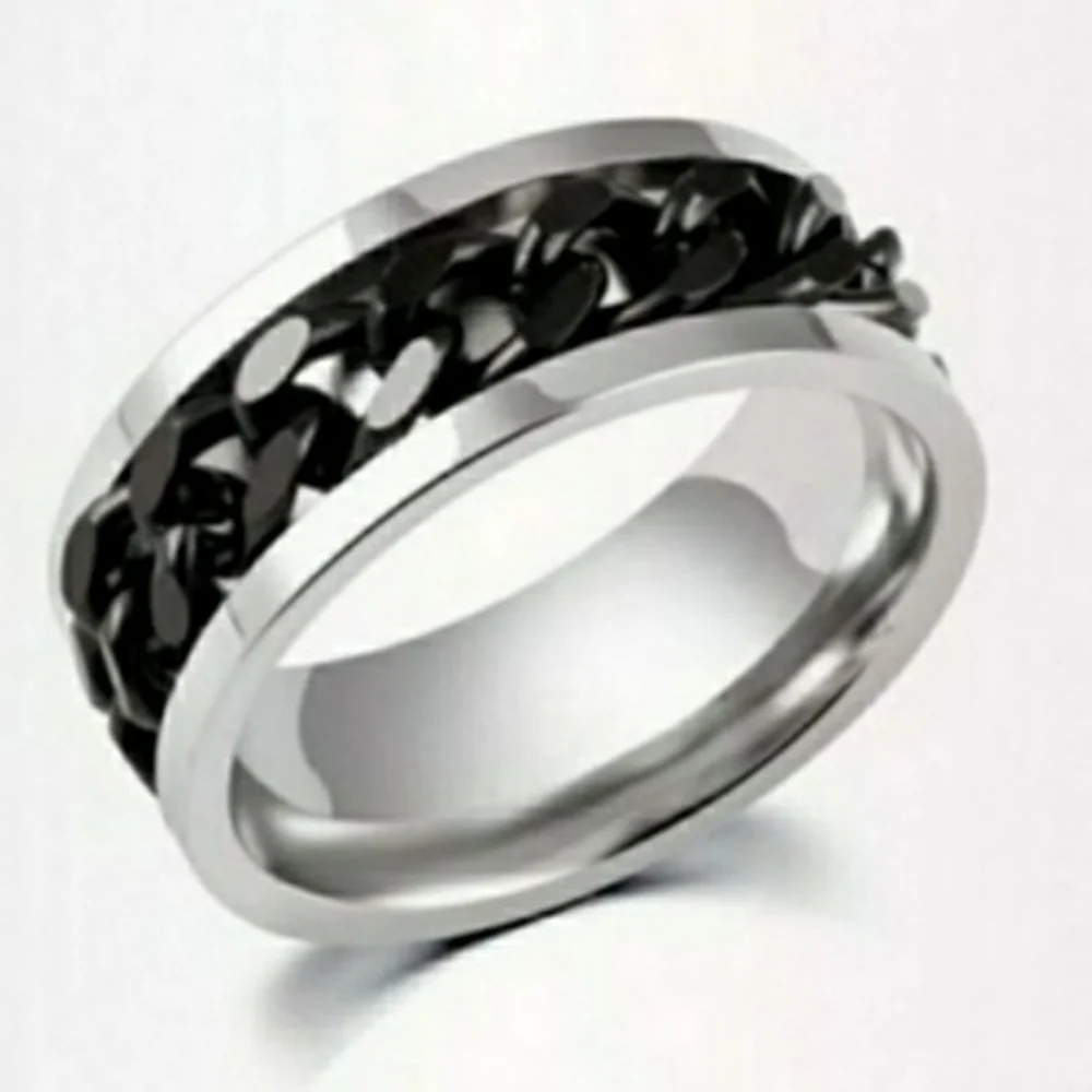 NEW Black and Silver Men's Stainless Steel Spinning Chain Link Ring